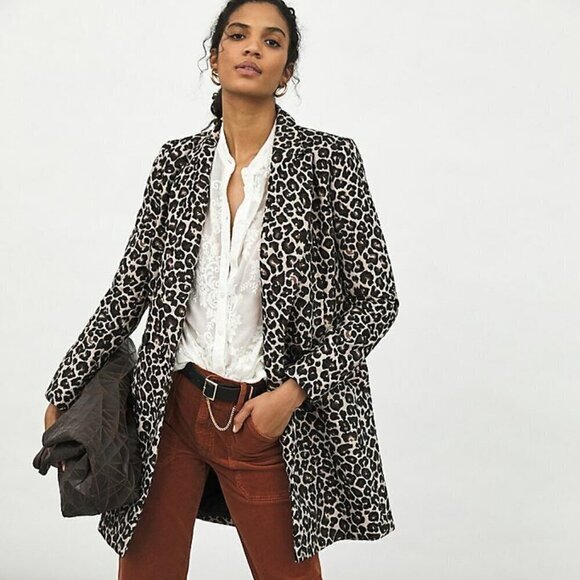 Anthropologie Double Breasted Leopard Midi Jacket Black Womens 2 - Picture 2 of 7